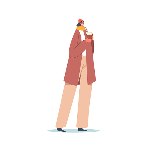Stylish Girl with Coffee Cup in Hands Wearing Trendy Outfit for Fall or Winter Season. Fashion Trends for Women, Cold Season Trends Woolen Brown Coat and Wide Pants. Cartoon Vector Illustration