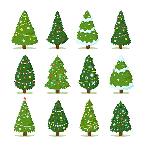 Set of Cartoon Christmas Trees, Isolated Pines Collection for Greeting Card, Invitation. New Year and Xmas Traditional Symbol Fir Tree with Garlands, Light Bulbs, Stars. Winter Holiday Vector Icons