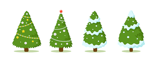 Set of Cartoon Christmas Trees, Winter Holiday Isolated Pines for Greeting Cards and Invitation Design. New Years and Xmas Traditional Trees with Snow, Garlands, Bulbs, Star. Vector Icons Collection