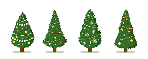 Set of Decorated Christmas Trees, Cartoon Pines, Winter Holiday Elements for Greeting Card, Invitation. New Years and Xmas Traditional Tree with Garlands, Light Bulbs, Stars. Vector Icons Collection