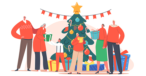 Big Happy Family Celebration, Parents, Grandparents and Kids Celebrate Eve at Home near Christmas Tree, People Changing Gifts. Winter Holidays, New Year Celebrating. Cartoon Vector Illustration