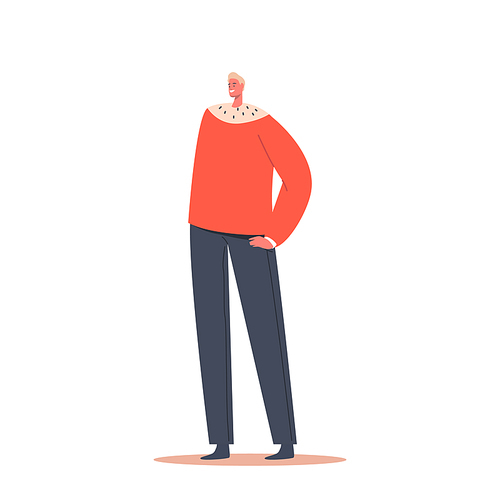 Single Male Character Wear Red Winter Sweater and Trousers Isolated on White Background. Mature Positive Fashioned Man, Millenial Attractive Person in Warm Clothes. Cartoon People Vector Illustration