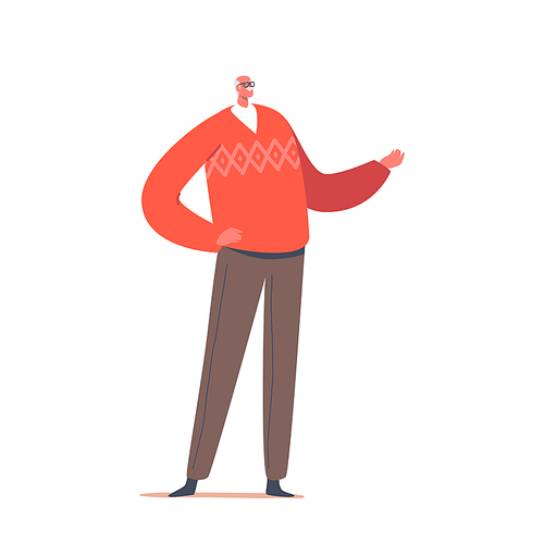 Single Senior Male Character Wear Red Sweater Isolated on White Background. Mature Positive Man, Grandfather, Aged Happy Person Gesturing with Hands. Cartoon People Vector Illustration