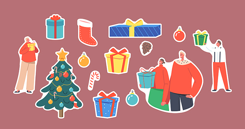 Set of Stickers Happy Family New Year Celebration, Parents, Grandparents and Kids Celebrate Eve at Home near Christmas Tree, People Changing Gifts at Winter Holiday. Cartoon People Vector Illustration