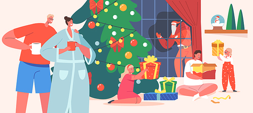 Big Happy Family Celebration, Parents and Kids Open Gifts, Celebrate Eve at Home near Christmas Tree, People Enjoying Winter Holidays, Celebrating New Year at Home. Cartoon Vector Illustration