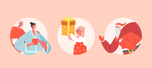 Set Family Christmas Celebration. Mother and Father at Home Clothes Drink Tea, Baby Hold Gift Box, Santa Claus with Big Bag of Presents. Isolated Happy Characters. Cartoon People Vector Illustration