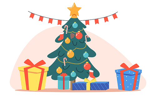 Christmas Tree With Xmas Star, Balls and Lights. Green Fir or Pine Decorated with Gift Boxes, Glowing Garland, Stocking, Candies and Baubles. New Year Holidays Celebration. Cartoon Vector Illustration