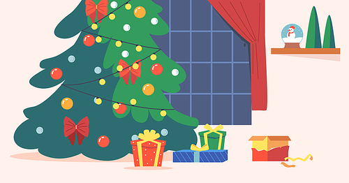 Room at Christmas Night, Empty Home Interior with Decorated Fir Tree with Gifts and Presents and Wide Curtained Window. Cozy Apartment at Xmas Eve, New Year Night. Cartoon Vector Illustration