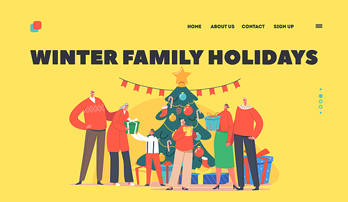 Winter Family Holidays Landing Page Template. Big Happy Family Celebration, Parents, Grandparents and Kids Celebrate Eve at Home near Christmas Tree, People Changing Gifts. Cartoon Vector Illustration