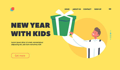 New Year with Kids Landing Page Template. Happy Boy with Christmas Giftbox Character Holding Present for Winter Holidays Celebration. Festive Event with Gift and Greetings. Cartoon Vector Illustration