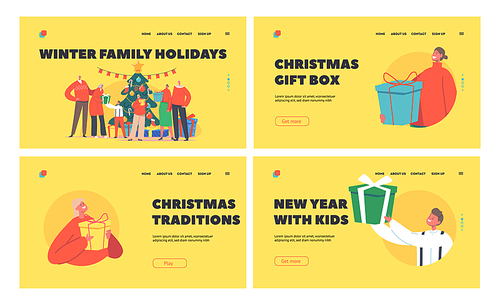 Family Celebrate Winter Holidays Landing Page Template. Family Celebration, Parents, Grandparents and Kids Celebrate Eve at Home near Christmas Tree, People Changing Gifts. Cartoon Vector Illustration
