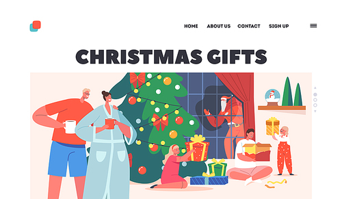Christmas Gifts Landing Page Template. Big Happy Family Xmas Celebration, Parents and Kids Open Presents Celebrate Eve at Home near Tree, Enjoying Winter Holidays. Cartoon People Vector Illustration