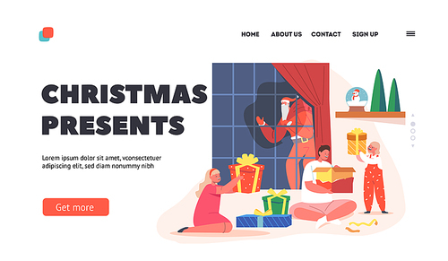 Christmas Presents Landing Page Template. Happy Family Xmas Celebration, Kids Open Gifts Celebrate Eve at Home near Window with Santa Claus, Children Enjoy Winter Holidays. Cartoon Vector Illustration
