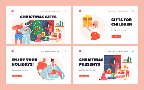 Christmas Gifts Landing Page Template Set. Big Happy Family Xmas Celebration, Parents and Kids Open People Celebrate Eve at Home near Tree, Enjoying Winter Holidays. Cartoon People Vector Illustration