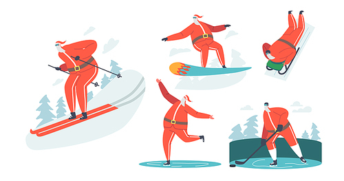 Set Santa Claus Winter Sport Activities Snowboard, Skiing, Sliding, Skating and Hockey Sport. Christmas Character Healthy Lifestyle, Extreme Recreation, Xmas Fun. Cartoon People Vector Illustration