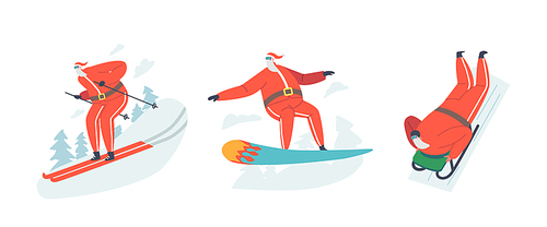 Set Santa Claus Healthy Lifestyle, Extreme Recreation, Xmas Fun. Christmas Character Winter Sport Activities Snowboard, Skiing, Sliding Downhills by Snow Slope. Cartoon People Vector Illustration