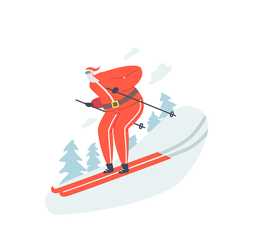 Santa Skier Riding Downhills at Winter Season. Christmas Character Athlete in Red Tracksuit, Hat and Sunglasses Skiing on Mountain Resort with Snow, Sports Lifestyle. Cartoon Vector Illustration