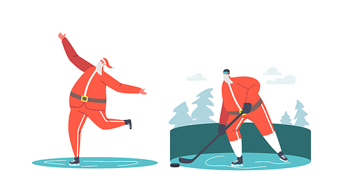 Santa Claus Hockey Player Hitting Puck with Stick and Skating on Ice Rink. Christmas Character Sportsman , Extreme Sports Activities, Sport Life, Game Motion . Cartoon People Vector Illustration