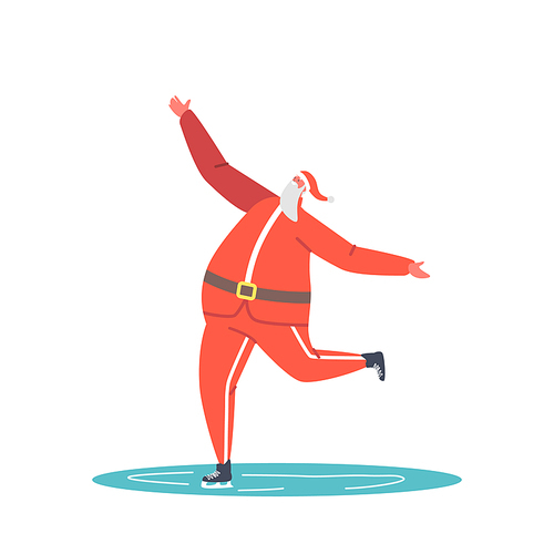 Happy Santa Claus Skating in Park Performing Leisure Outdoor Activities. Christmas Character Figure Skating on Frozen Pond at Winter Day. Xmas Holidays Spare Time. Cartoon People Vector Illustration