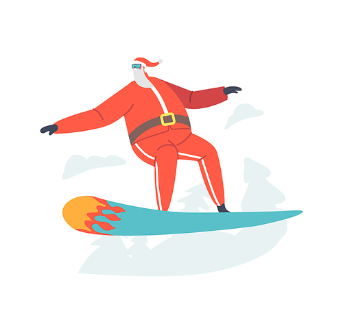 Santa Claus Character Winter Extreme Sports Activity and Fun. Sportsman Dressed in Winter Clothes and Goggles Snowboarding and Making Stunts on Mountain Ski Resort. Cartoon People Vector Illustration