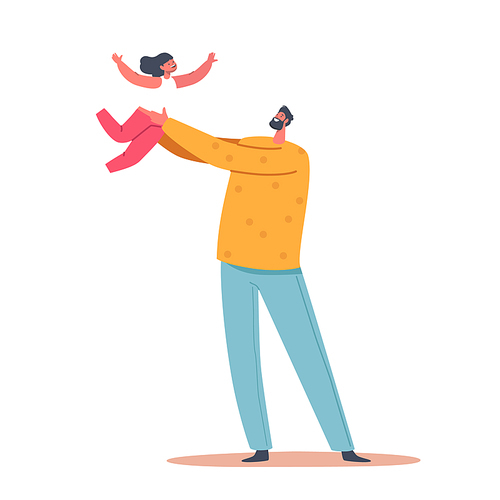 Dad Playing with Child, Family Fun, Weekend Leisure, Game, Parenthood or Childhood Concept. Happy Father Character Tossing Up in the Air Little Daughter. Isolated Cartoon People Vector Illustration