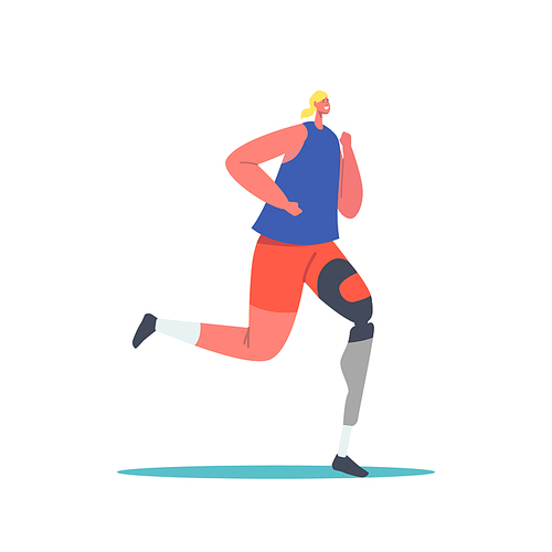 Disabled Sportswoman with Amputated Limb Running Competition. Active Amputee Woman Training, Run Marathon. Single Female Character Athlete with Leg Prosthesis. Cartoon People Vector Illustration