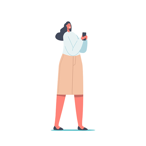 Female Character with Smartphone. Internet Entertainment, Young Woman Writing Sms, Communicating in Social Media Networks, Watching Video, Chatting or Dating on Site. Cartoon Vector Illustration