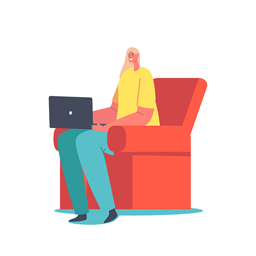 Female Character Sitting on Armchair with Laptop in Hands Isolated on White Background. Freelancer, Programmer, Coder or Analyst Working Process, Online Education. Cartoon People Vector Illustration