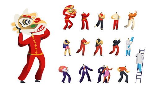 Set of Male Characters, Traditional Chinese Dancing Lion, Men Playing Tambourine, Medicine Doctor or Nurse with Pipette, Businessman with Money Sack, Dancers Pair. Cartoon People Vector Illustration