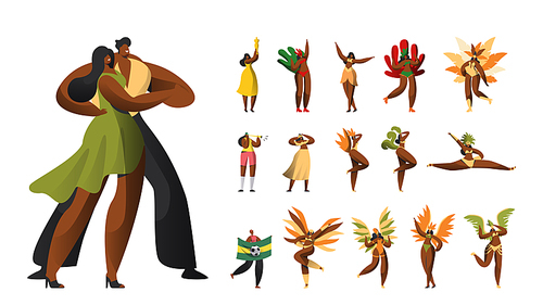Set of Brazilian Carnival Male and Female Characters in Costumes, Latino Women in Feather Bikini Dress Dance at Rio de Janeiro Festival. Man Dance with Girl. Cartoon People Vector Illustration