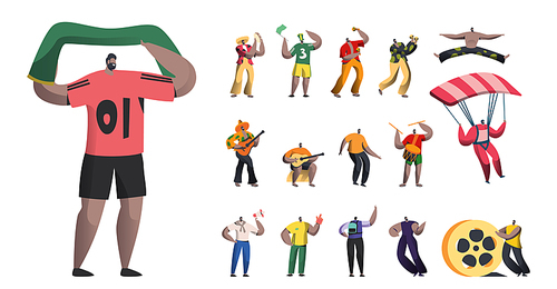 Set of Male Characters, Sports Fan with Flag, Brazil Carnival Musicians with Maracas, Men Dancers and Mariachi Players, Parachutist Isolated on White Background. Cartoon People Vector Illustration