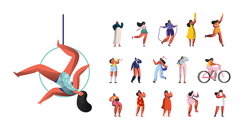 Set of Female Characters Aerial Circus Gymnast, Sportswoman Workout on Jump Rope, Hold Award Trophy, Ride Bicycle, Work on Laptop Women Isolated on White Background. Cartoon People Vector Illustration