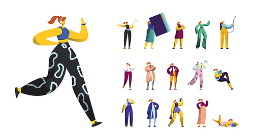 Set of Female Characters Run Exercising, Take Selfie on Smartphone, Women Disinfection Works, Reading Book, Workout with Dumbbells Isolated on White Background. Cartoon People Vector Illustration