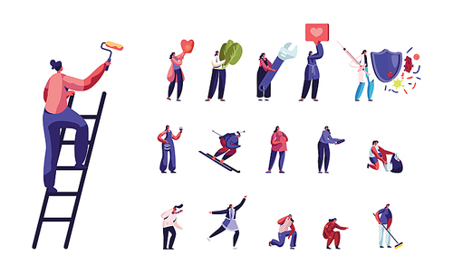 Set of Female Characters Painting Wall with Roller, Skiing or Biathlon Sport, Fight with Virus. Women Skating on Ice Rink, Ambulance Isolated on White Background. Cartoon People Vector Illustration
