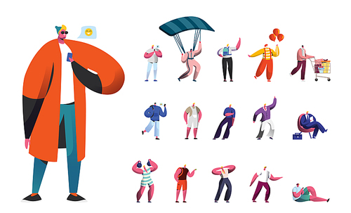 Set of Male Characters, Men Lifestyle, People Use Gadgets, Skydiving with Parachute, Clown in Costume and Shopping in Grocery, Businessman Isolated on White Background. Cartoon Vector Illustration