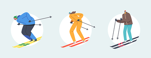 Set Family Extreme Speed Skiing. Skiers Isolated on White Background. Winter Season Recreation, Sport Activity, Slalom Sport Ski Race. Athletes Going Downhills. Cartoon People Vector Illustration