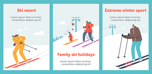 People Riding Skis by Snow Slopes on Winter Resort with Funicular Cartoon Poster. Travel Entertainment, Wintertime Holidays Activity. Sportsmen Fun on Ski Resort Going Downhill. Vector Illustration