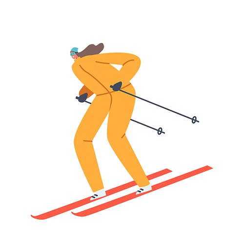 Young Woman Character Winter Sports. Girl Wear Warm Sportive Costume and Goggles Going Downhill by Skis Isolated on White Background. Outdoors Leisure, Active Spare Time. Cartoon Vector Illustration
