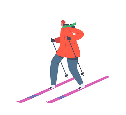 Young Woman Skiing on Mountains Resort. Girl Riding Downhills by Skis, Wintertime Fun and Leisure Time. Winter Sports Activity and Spare Time. Character Active Lifestyle Cartoon Vector Illustration