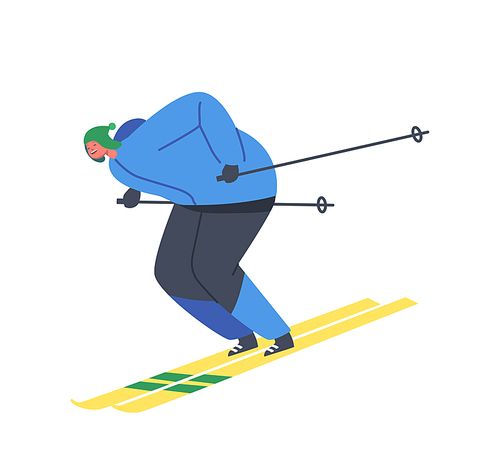 Skiing Sport Activity, Healthy Lifestyle. Athlete Man in Warm Clothes Riding Downhills Isolated on White Background. Skier Hobby, Sport, Winter Season Recreation. Cartoon Vector Illustration