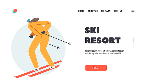 Ski Resort Landing Page Template. Young Woman Character Winter Sports. Girl Wear Warm Sportive Costume and Goggles Going Downhill by Skis. Outdoors Leisure, Active Time. Cartoon Vector Illustration
