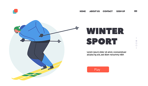 Winter Sport Landing Page Template. Skiing Sport Activity, Healthy Lifestyle. Athlete Man in Warm Clothes Riding Downhills. Skier Hobby, Sport, Winter Season Recreation. Cartoon Vector Illustration