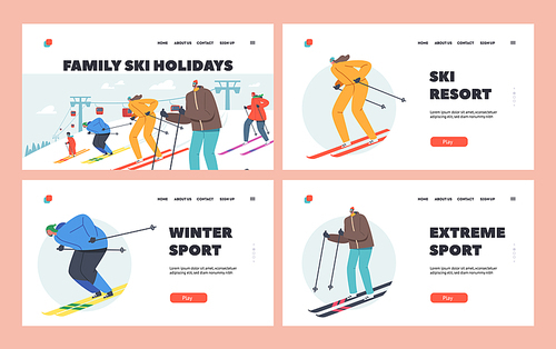 Family Skiing Landing Page Template Set. Skiers Winter Season Recreation, Sport Activity, Slalom Sport Ski Race. Athletes Going Downhills on Winter Resort. Cartoon People Vector Illustration