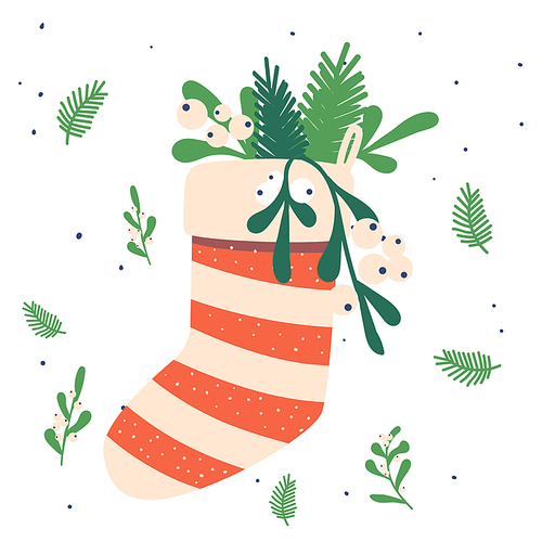 Striped Christmas Sock with Fir-Tree Branches Isolated on White Background. Winter Collection of Stockings, Xmas Holiday Element, Present in Scandinavian Style, Decor. Cartoon Vector Illustration