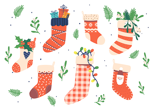 Festive Collection of Christmas Socks Isolated on White Background. Winter Stockings, Xmas Holiday Elements, Presents and Sweets in Scandinavian Style, Traditional Decor. Cartoon Vector Illustration
