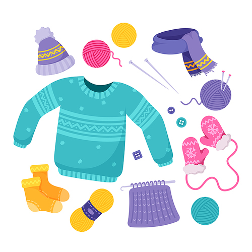 Set of Knit Winter Clothes and Outerwear Woolen Jumper, Scarf, Hat, Mittens and Socks with Yarn and Needles. Bundle Colorful Seasonal Clothing Isolated on White Background. Cartoon Vector Collection
