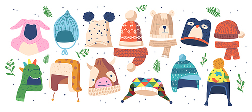 Set of Children Hats for Winter Season, Knitted and Textile Caps for Girls or Boys Isolated on White Background. Headwear Design Elements for Cold Weather. Cartoon Vector Illustration Icons, Clipart