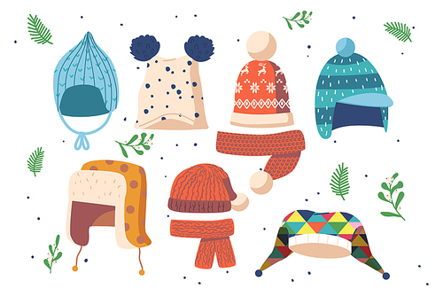 Set of Kids Funny Hats for Winter Season, Cute Knitted and Textile Caps, Earflaps, Scarf Isolated on White Background. Children Headwear for Cold Weather. Cartoon Vector Illustration Icons, Clipart