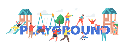 Happy Children Playing, Boys and Girls Fun on Playground Concept. Characters Run, Climbing and Swing, Kids Having Active Game Recreation Poster, Banner or Flyer. Cartoon People Vector Illustration