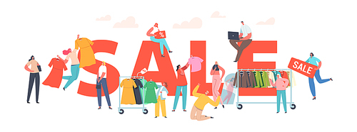 Sale Concept. Buyers Female Characters at Seasonal Discount Cheerful Shopaholic Girls Grab Apparel from Store Hangers, Happy Women Shopping Poster, Banner or Flyer. Cartoon People Vector Illustration